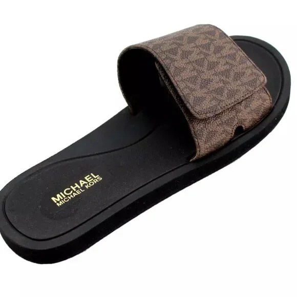 Michael Kors Wade Adjustable Slide Sandal Brown Logo Canvas NEW Sz 8 - Picture 5 of 8